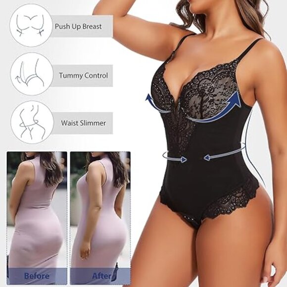Sexy Lace Shapewear Bodysuit Women's Sleeveless V Neck Tummy Control Backless - Picture 3 of 7